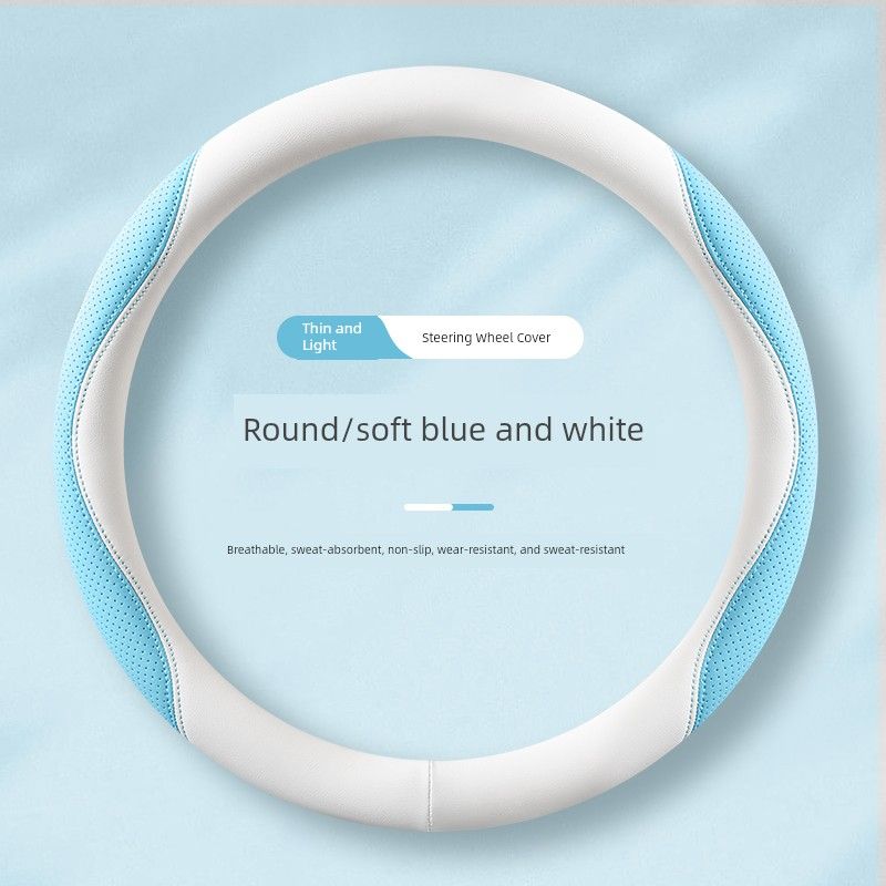 

Car Steering Wheel Cover Nappa Leather All-Season Non-Slip Sweat-Absorbent Breathable Ultra-Thin Handle Cover 2025 New Model Protective Cover Elegant Blue and White [Round Shape]
