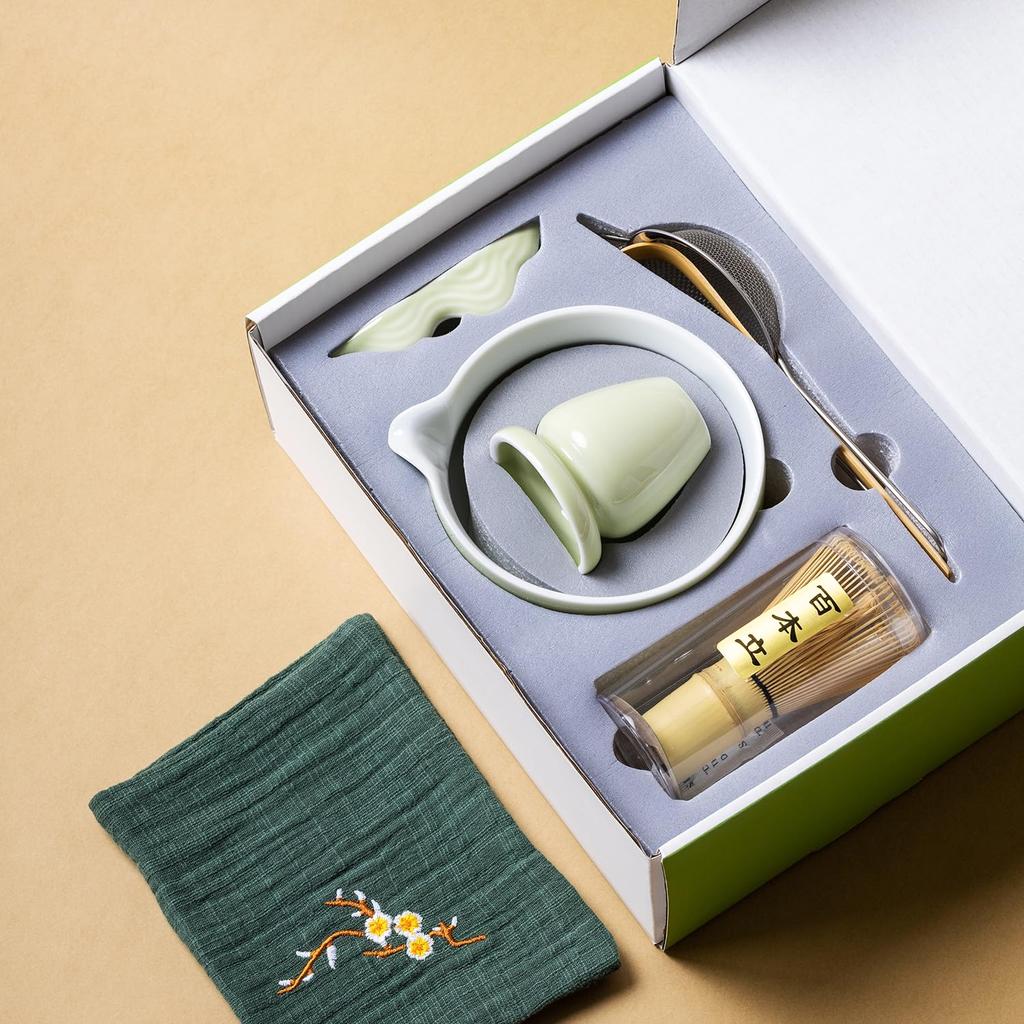 7-Piece Matcha Tea Ceremony Set (Matcha Green) for Beginners, Includes Bamboo Chasen (100-Standing) Chasen Stand, Chawan (Tea Bowl), Chashaku (Tea