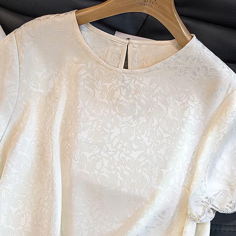 Women's Elegant Beaded Round Neck Three-Quarter Sleeve Blouse