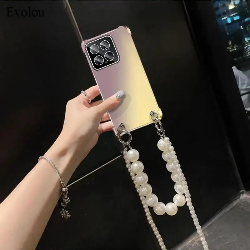 Pearl Chain Crossbody Lanyard Case For Xiaomi POCO X7 Pro X 7 X7Pro Rainbow Gradient Soft TPU Shockproof Cover For Redmi Turbo 4