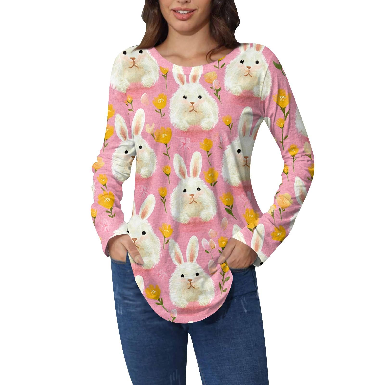 

Easter Shirts For Women Cute Love Heart Print T-Shirt Long Sleeve Tunic Tops Cotton Pullovers XXXL рожевий