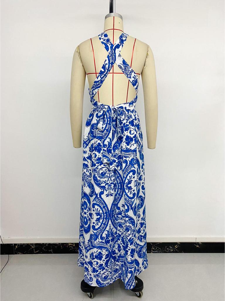 European & American Halter Long Skirt: New Style 2026 Open Back Retro Print Dress for Women.