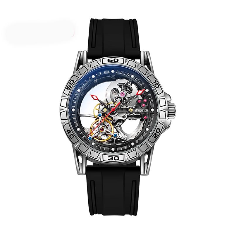 MUSANFIGO double-sided hollow men's fully automatic watch, silicone strap, mechanical movement men's night light waterproof fash