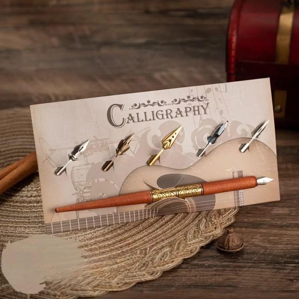 With 5 Nibs Dip Pen Set Wood Handle Dipping Pen Creative Calligraphy Pen Hand Writing