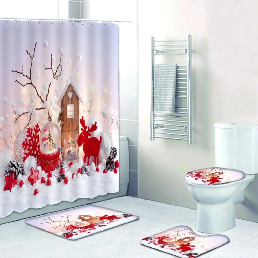 

Snowman Santa Claus Shower Curtain Set Bathroom Set Non-Slip Mat Carpet Waterproof Toilet Seat Cushion Bath Mat Christmas Decor W60H190(CM)-1 Pcs