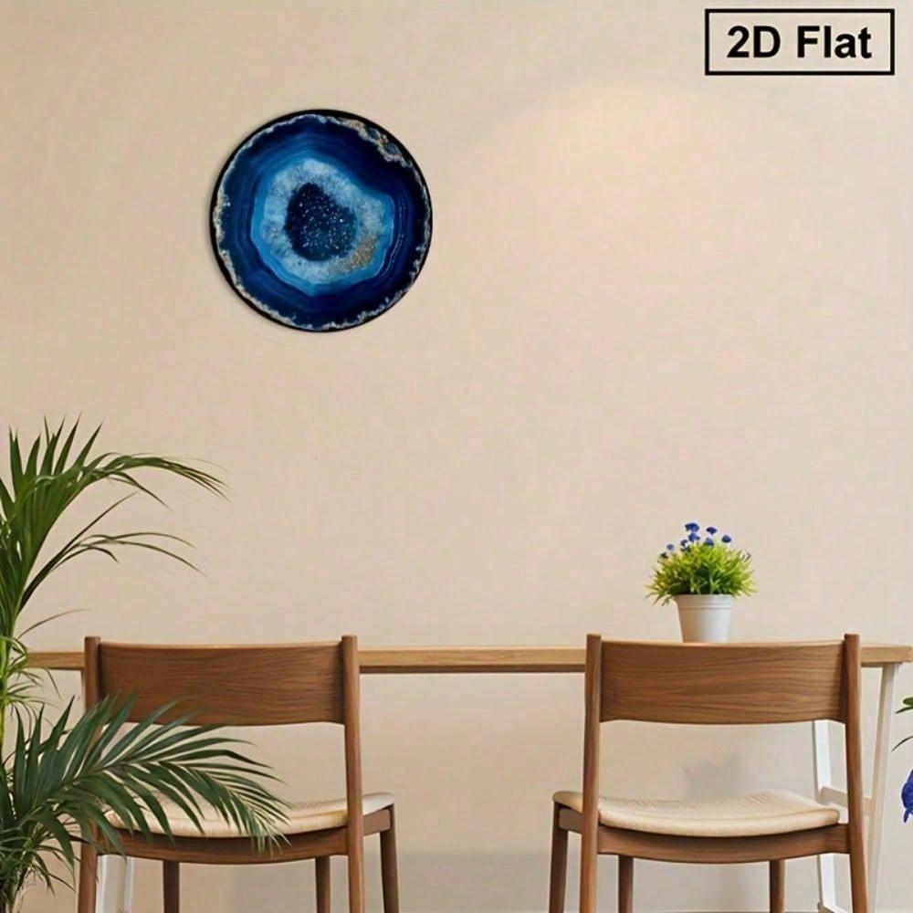 Arte de Parede Redonda em Metal com Ágata Azul Boho 8x8 Polegadas Placa de Alumínio Resistente às Intempéries Detalhes Dourados Decoração Vintage para Casa Boho