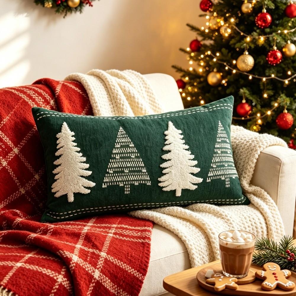 Christmas Tree Throw Pillow Covers Embroidered Cherry Pillow Cases Cushion Cover for Xmas Party