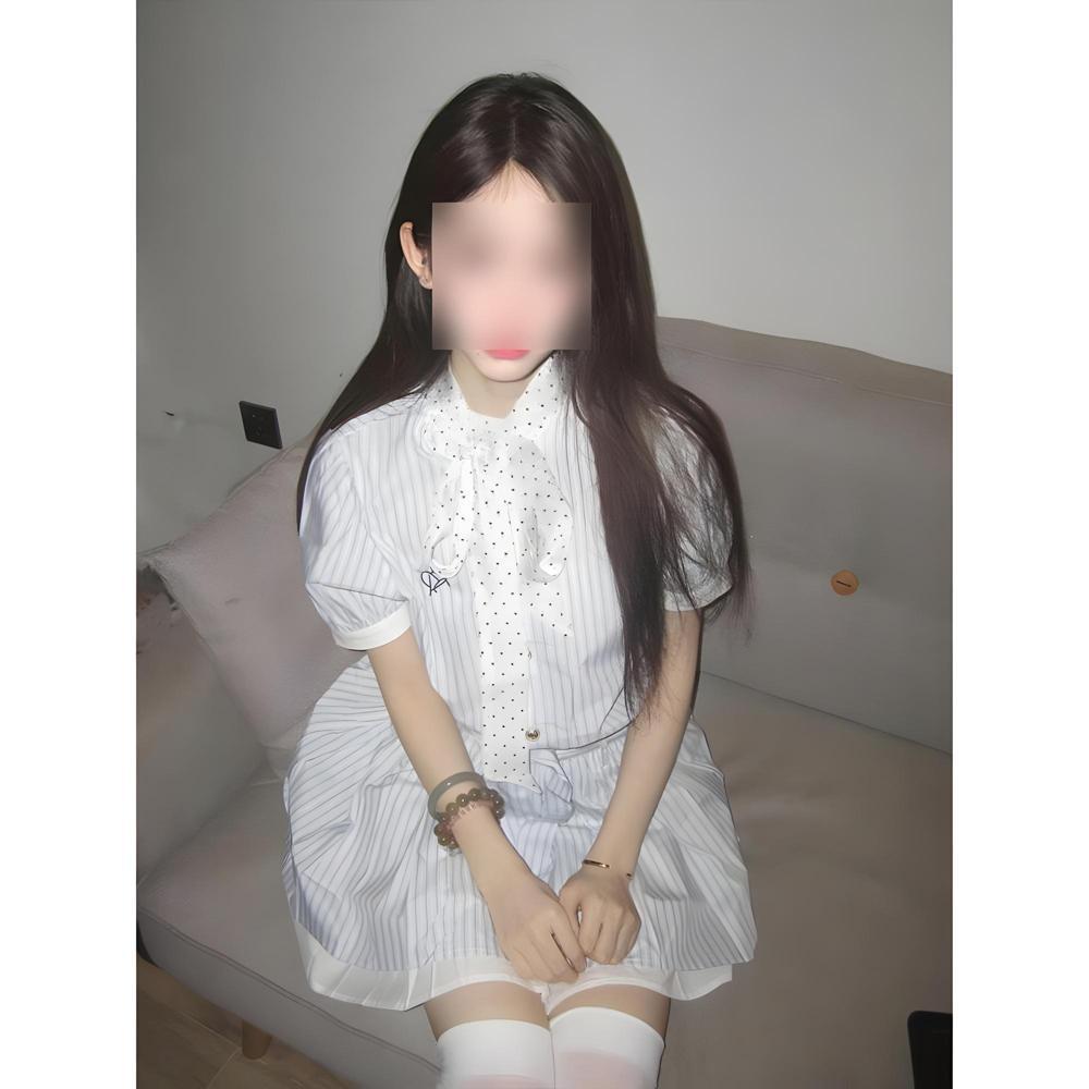 

College style waist short skirt new striped shirt bubble sleeve dress versatile women s summer XL- (recommended 110-60kg)