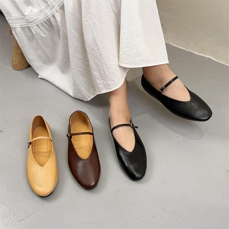 Johnature Genuine Leather Flats Women's Shoes Round Toe Casual Shallow Belt Buckle Soft Soled Shoes