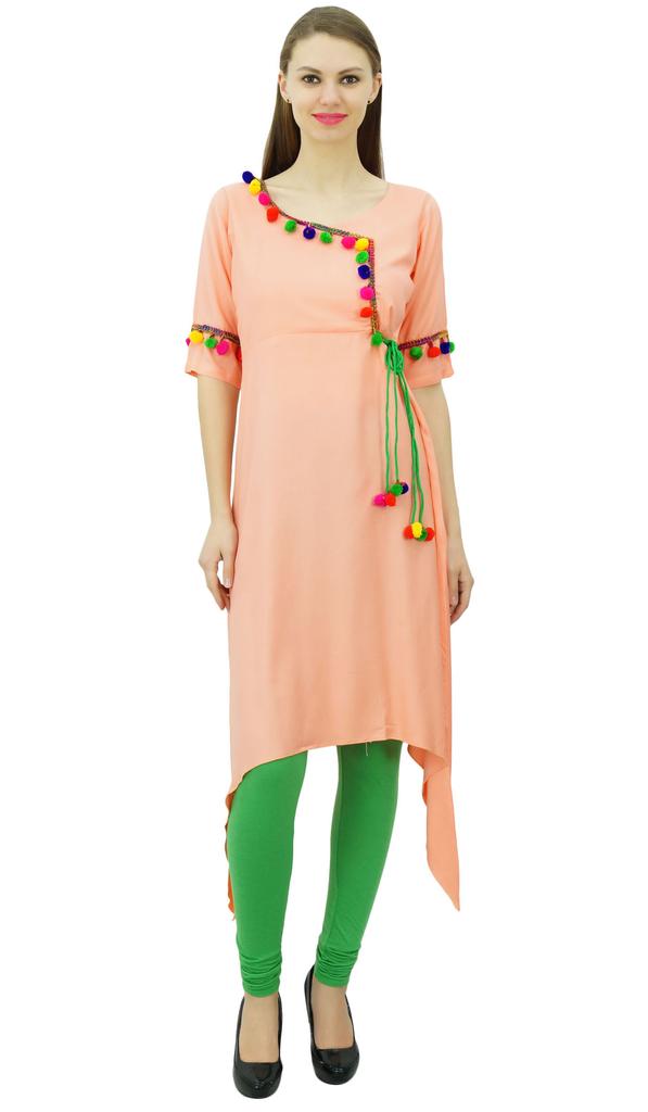 Phagun Angrakha Style Rayon Womens Tunic Kurta Pom-Pom Designer Kurti Top Indian