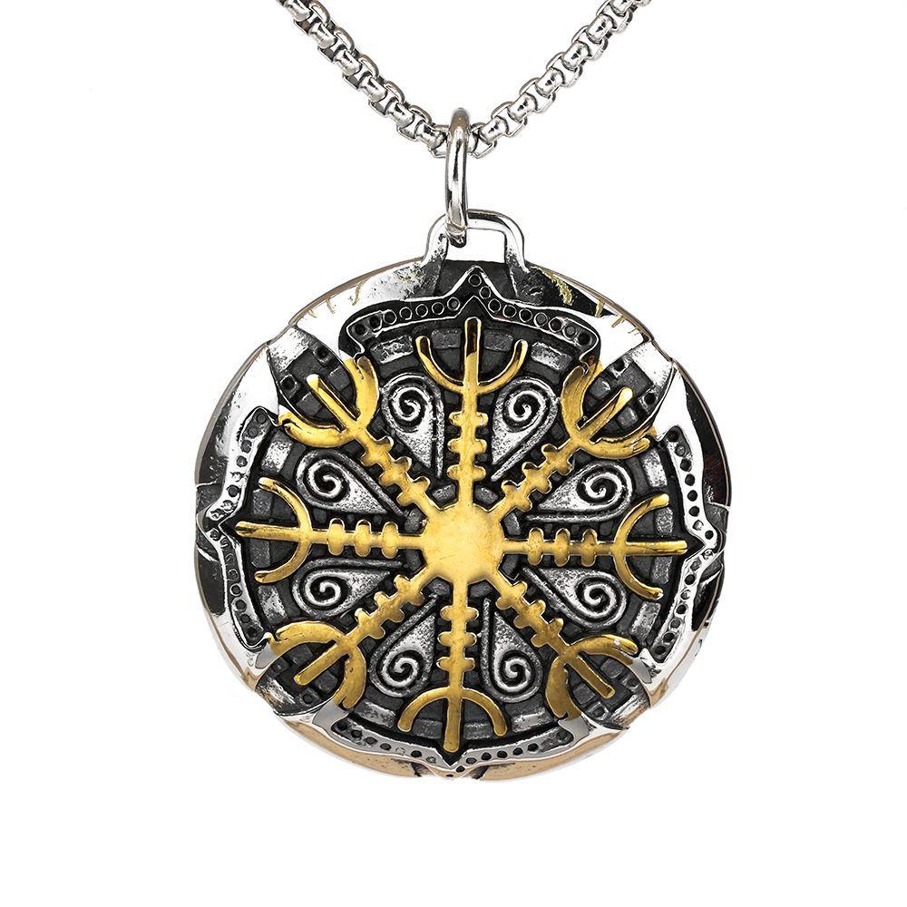 Vintage Solid Stainless Steel Compass Rune Pendant Necklace For Men