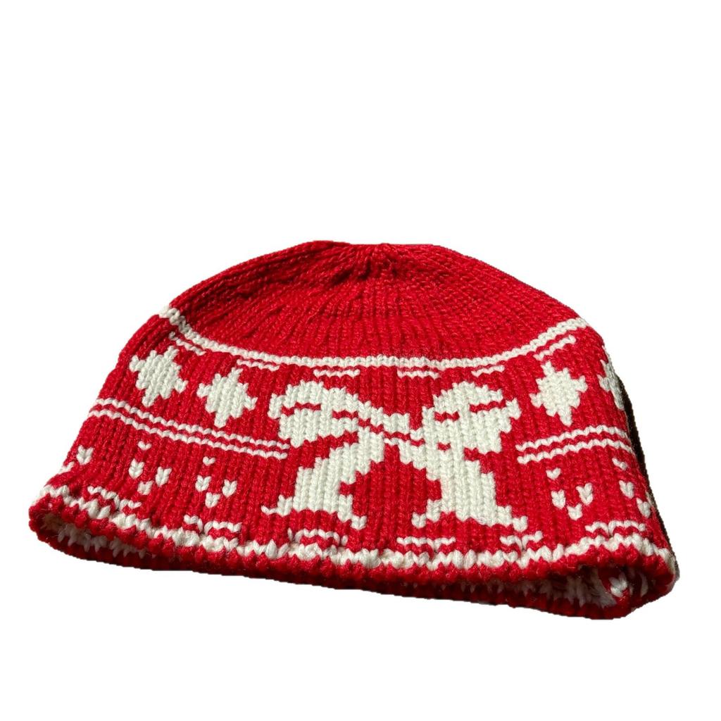 Fair Isle Bow Jacquard Lazy Wool Knitted Cold Hat for Women Korean Version Sweet and Cute Winter Ear Protection Knitted Beanie