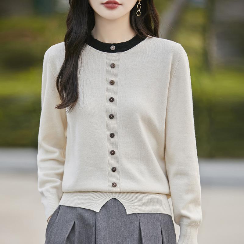 Reiner Baumwoll-Kontrast-Rundhals-Pullover für Damen im Herbst- und Winterstil, modisch, vielseitig und bequem, Basis-Shirt-Pullover-Oberteil