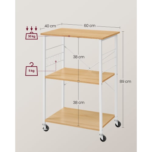 VASAGLE Range Board, 60cm Wide, with Casters, Slim, Gap Storage, Kitchen Rack, Range Rack, 3-Tier Kitchen Shelf, with 6 S-Shaped Racks (KKS060Y09)