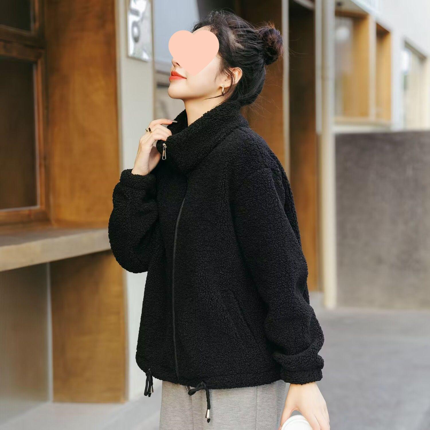 Women s Plus Velvet Slimming Short Coat - Warm Lamb Wool Zip Stand Collar for Autumn/Winter S 85-105 lbs чёрный