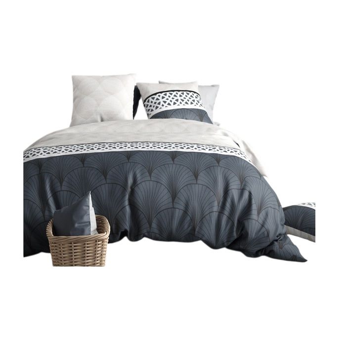 Parure De Lit - Eventails Graphique - 260x240 Cm - 100% Coton - Lavable À 40°C