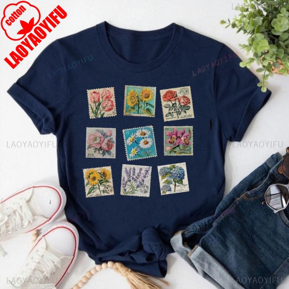 

Vintage Floral Stamp Collage TShirt Cottagecore Botanical Design Clothes High Quality Cotton Tops Unisex Women Sweatshirt 3XL