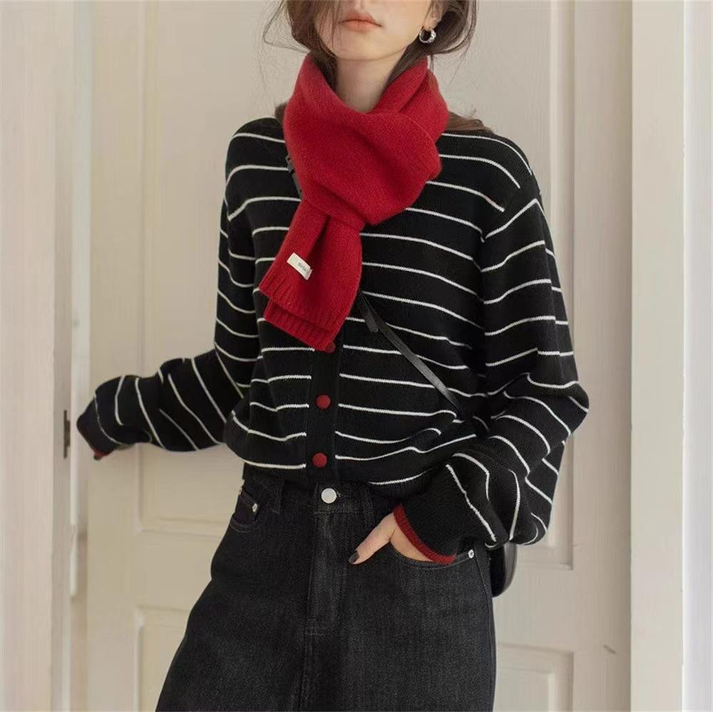 Cross-border New Striped Crew Neck Color-blocking Design Loose Long-sleeve Knit Jacket for Women, Simple Buttoned Sweater Jacket