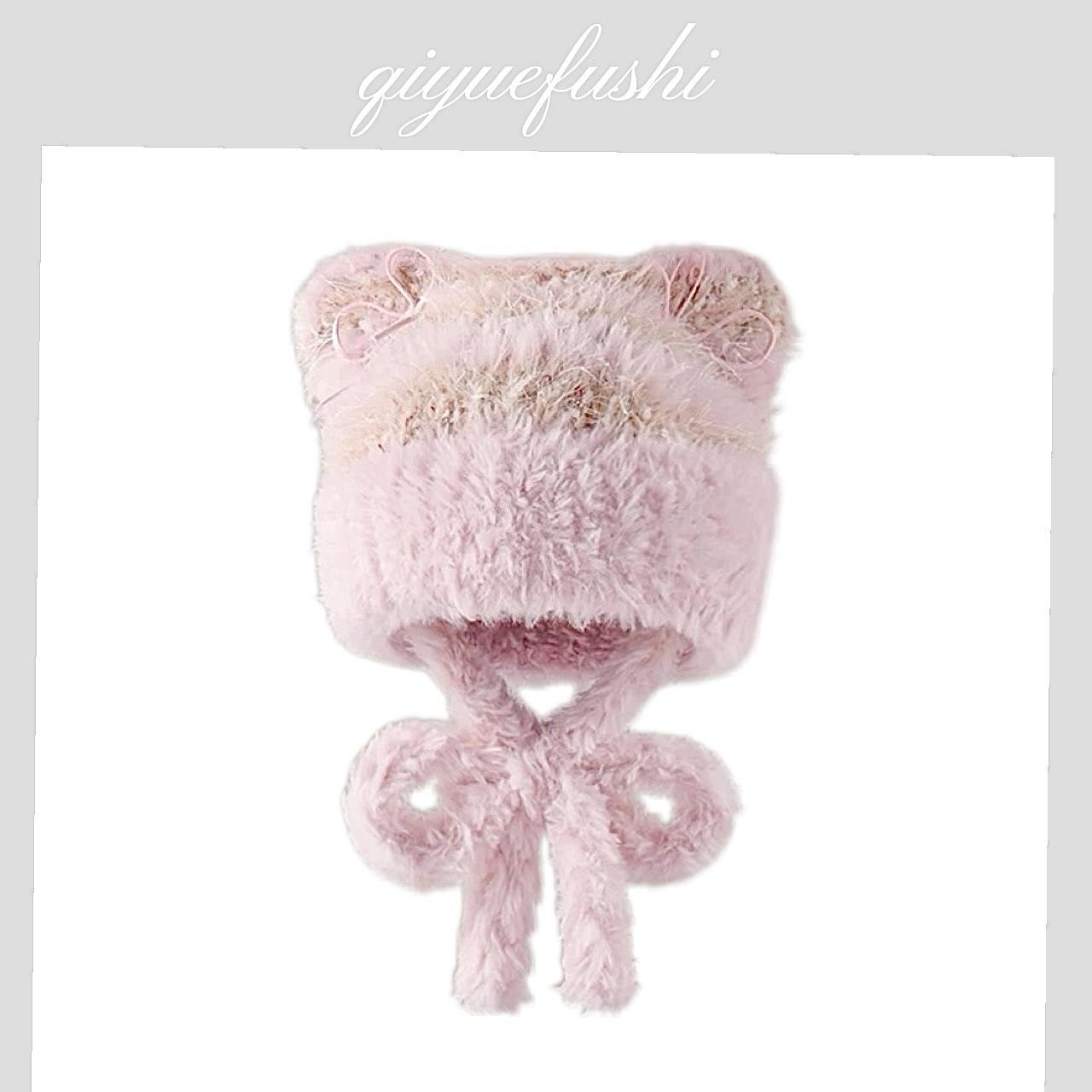 

Флисовая теплая вязаная защитная шапка для ушей женская универсальная шерстяная шапка осень-зима милая плюшевая шапка с кошачьими ушками и бантом M（56-58cm） розовый