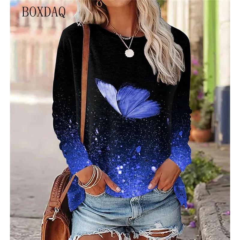 Butterfly Pattern Women Street Hip Hop T-Shirts Long Sleeve Spring Autumn 3d Tie-dye Print Fashion Ladies Tees 6XL Big Size Tops