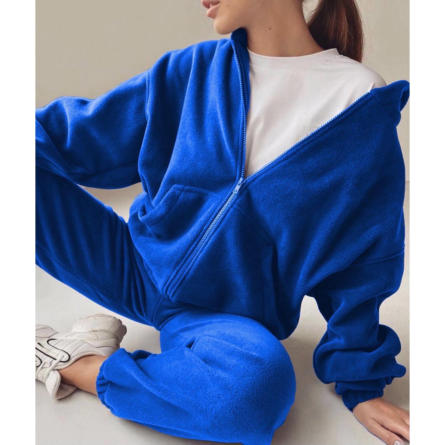 

Свободная толстовка с карманом на молнии, спортивные осенние и зимние костюмы, повседневный модный комплект из двух предметов, женские брюки размера плюс XL синий