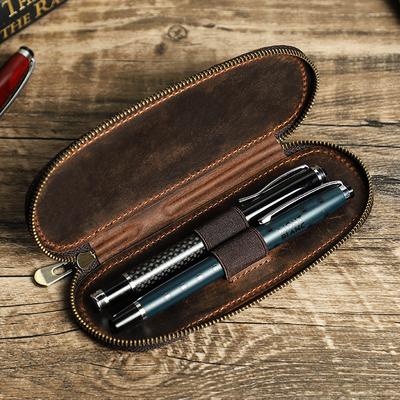 Retro Crazy Horse Leather Pencil Case Handmade 2 Pack Oval Zipper Portable Pen Case