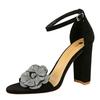 Fashion Banquet Super High Heel Round Head Women's Shoes Suede Rhinestone Flower One-word Buckle Thick Heel Sandals Women Shoes