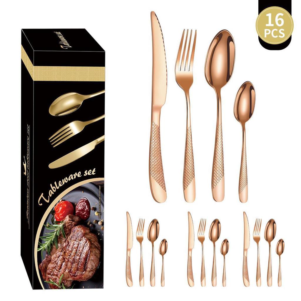 Zestaw 24-częściowej, pozłacanej zastawy stołowej ze stali nierdzewnej o wysokiej wartości: Zestaw noży, widelców i łyżek dla 6 osób, z motywem gwiazdy i diamentu, w pudełku prezentowym.