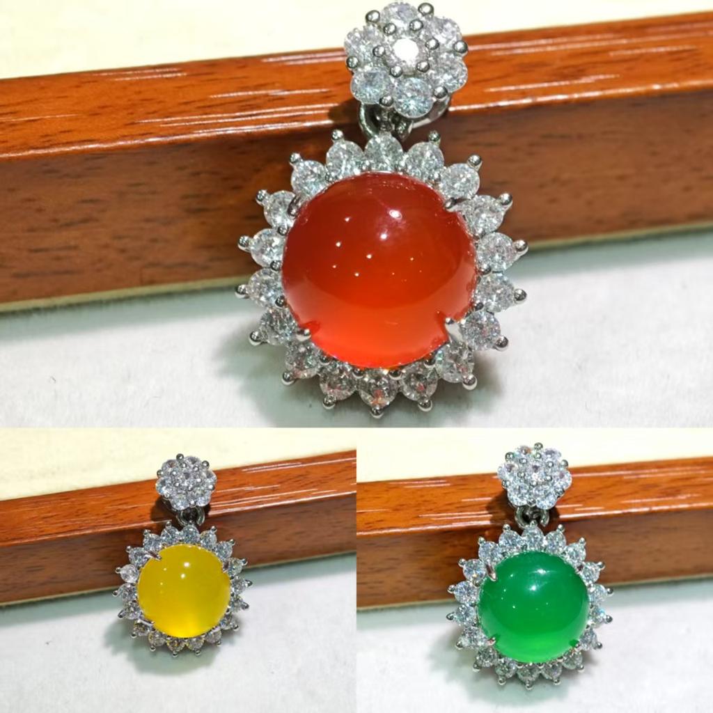 Natural Green Agate Round Pendant Sweater Chain Gold Inlaid Buddha Gong Long Brand Eight Treasures Lotus Chalcedony Hanging