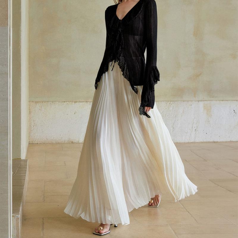 2026 Spring Women s Elegant White Chiffon Midi Skirt - A-line, Pleated, Large Hem Extra Small