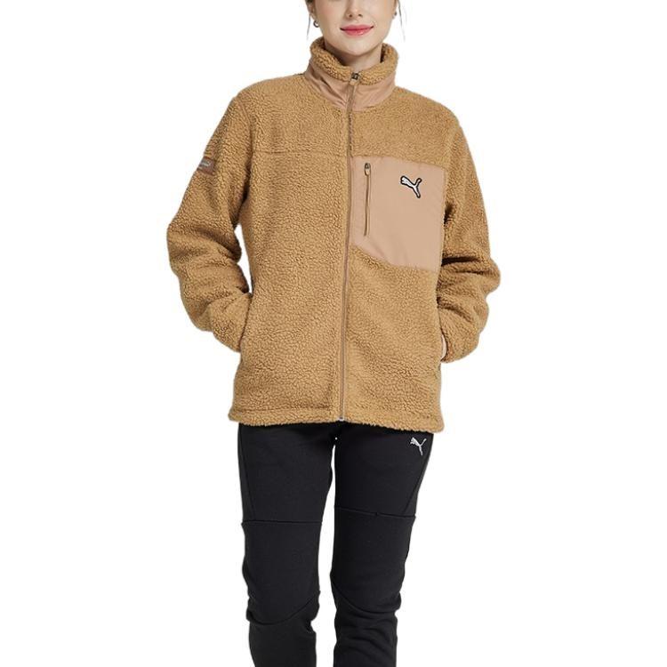 Puma Solid Sherpa Velvet Jackets Unisex Khaki Stand Collar Thickened And Fleece Lined 932667-02