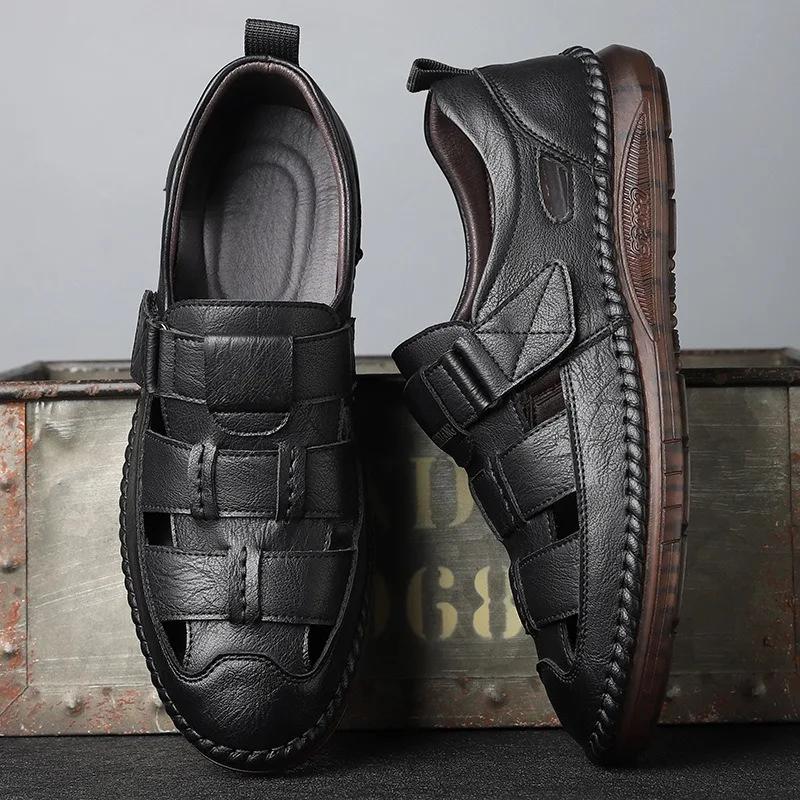 Fashion Summer Hollow Flat Head Roman Style Men's Sandals Designer New Fashion Slip-on Soft Leather Casual Outdoor Walk Men's Shoes