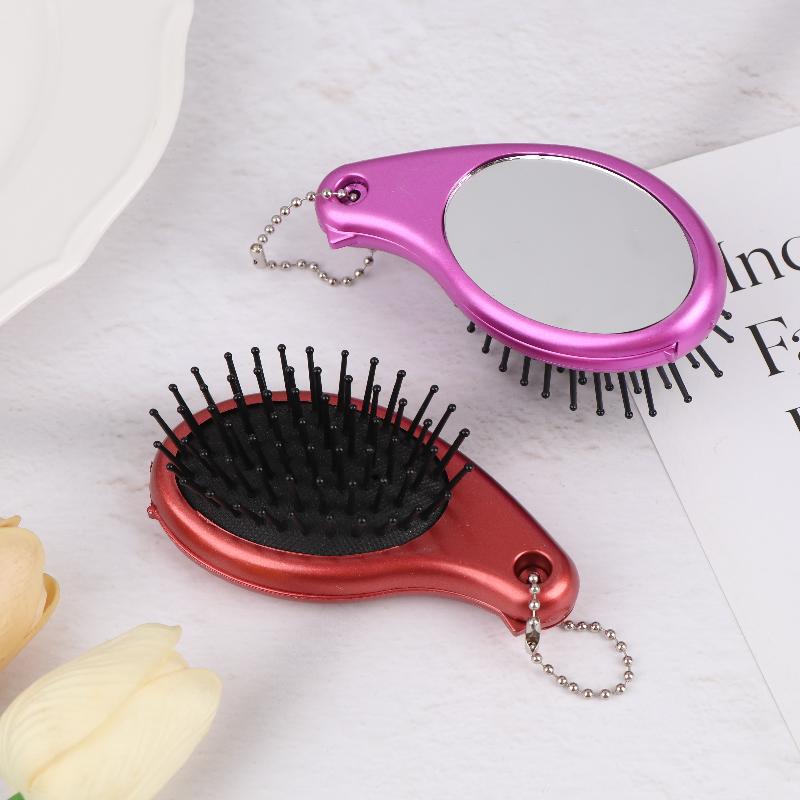 3-In-1 Portable Hair Brush With Mirror And Flat Top Comb Foldable Dual-Use Massage Feature Trendy Air Cushion Comb