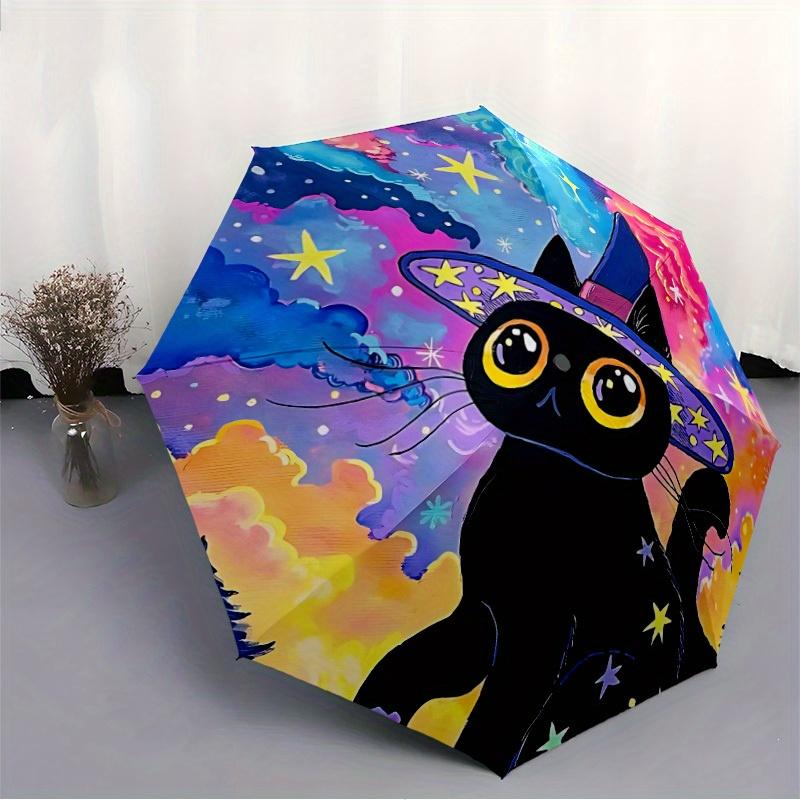 1pc Witch Cat Automatic Open/close Umbrella, 8-Rib sturdy structure, Portable Travel Umbrella, Parties, Everyday Use, Outdoor Accessory, Art