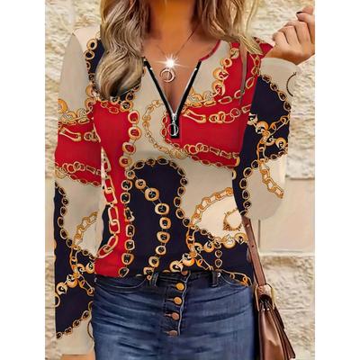 Women's Casual Zip-up Long-sleeve Top, Lightweight and Comfortable, Machine Washable, with a Vintage Artistic Design, Perfect for Everyday Wear