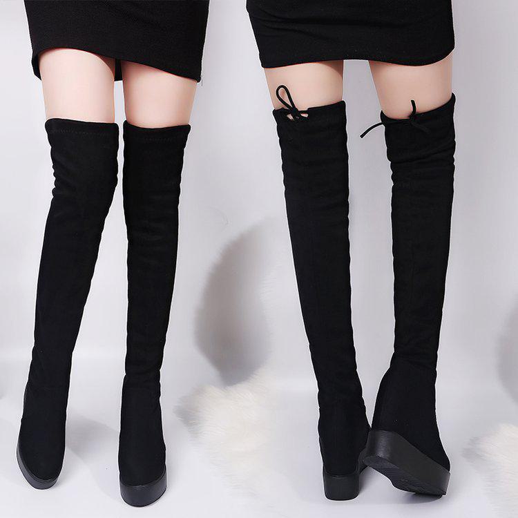 2020 Zimní dámské kožené šněrovací kozačky, Střední podpatek, Kulatá špička, Silná podrážka, Nad koleno