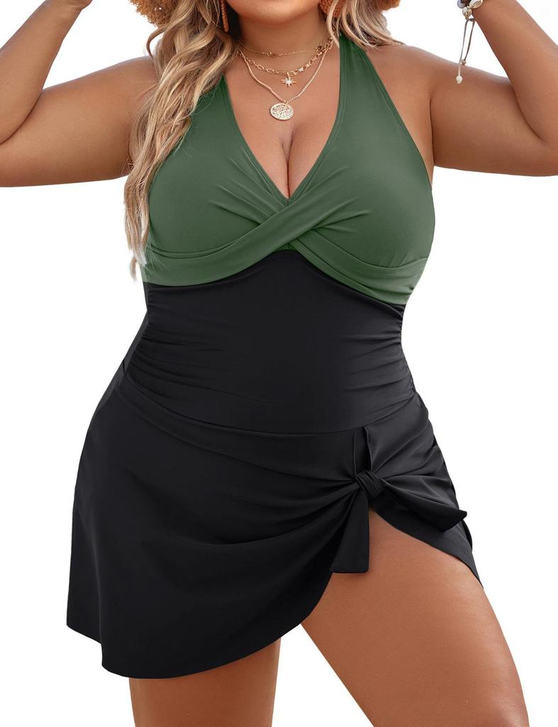 2024 Plus Size European & American Solid Color Tankini Skirt Swimsuit with Drawstring - Conservative Style
