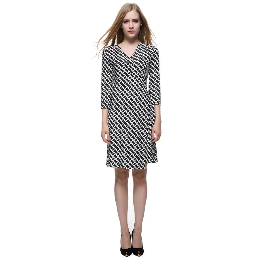 Women's Stand Collar High Waist Wrap Dress - Black & White, 3/4 Sleeve for Summer/Autumn