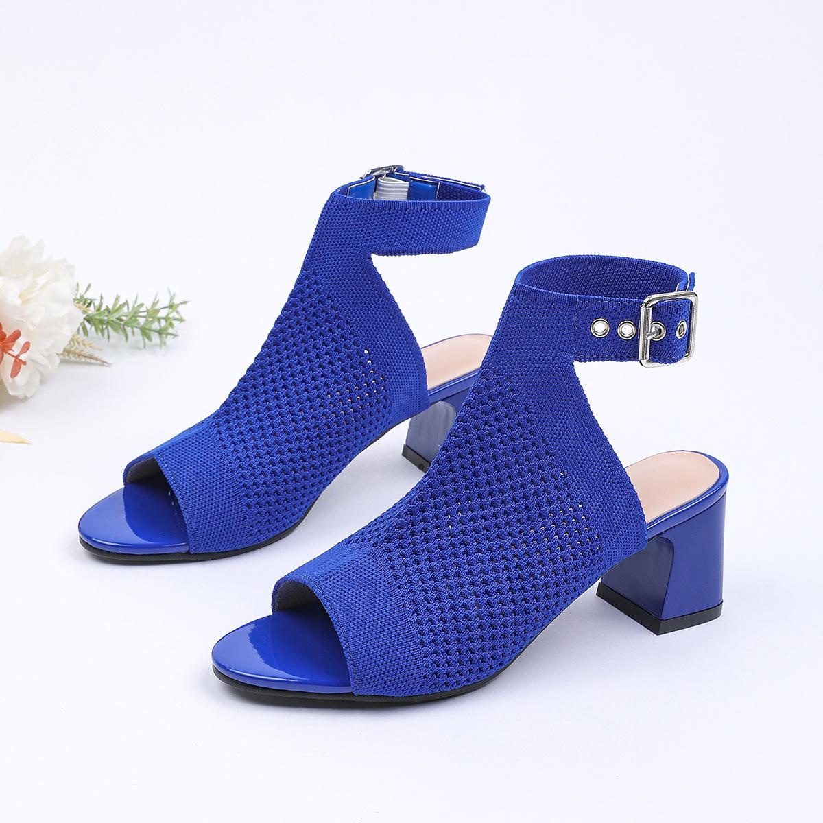 Вязаные сетчатые босоножки с открытым носком на блочном каблуке дышащие с ремешком на щиколотке летние ботильоны удобная женская обувь модная повседневная для ежедневного ношения 35 синий 3590₽