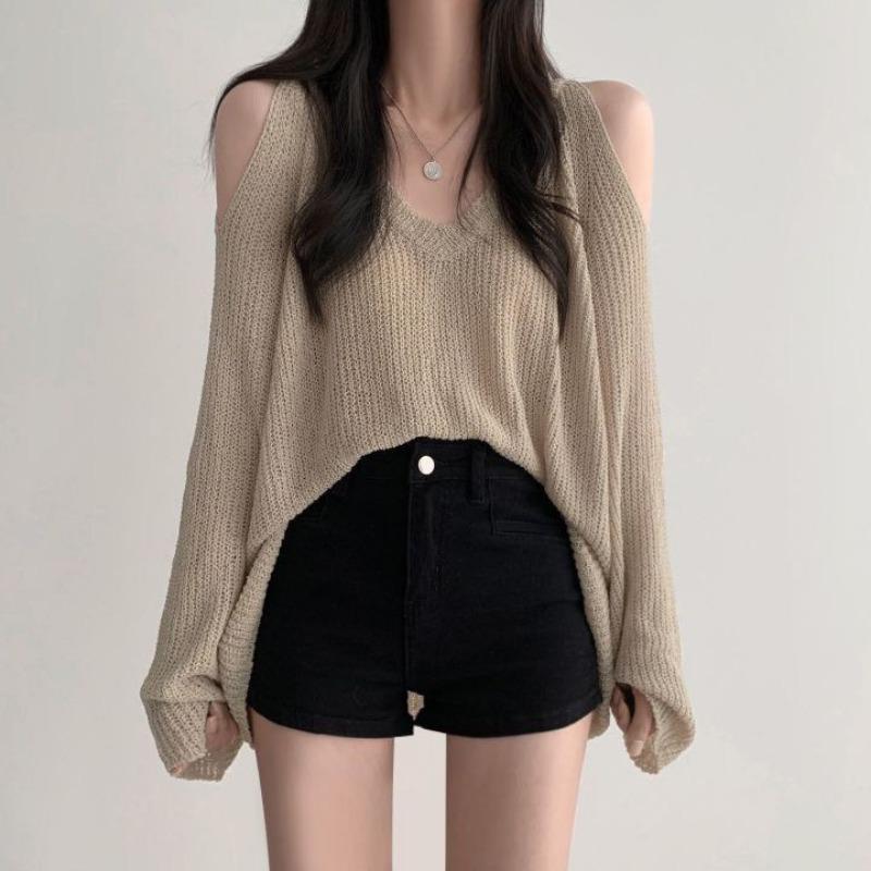 Chic Loose V-neck Off Shoulder Casual Knitted Pullovers Women Summer Thin Long Sleeve Knitwear Women Solid Elegant Fashion Sweater Woman Clothes 26587