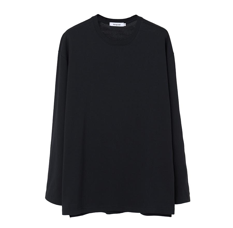 Arrayed Relaxed Cotton Round Long Sleeve T-Shirt [Black]