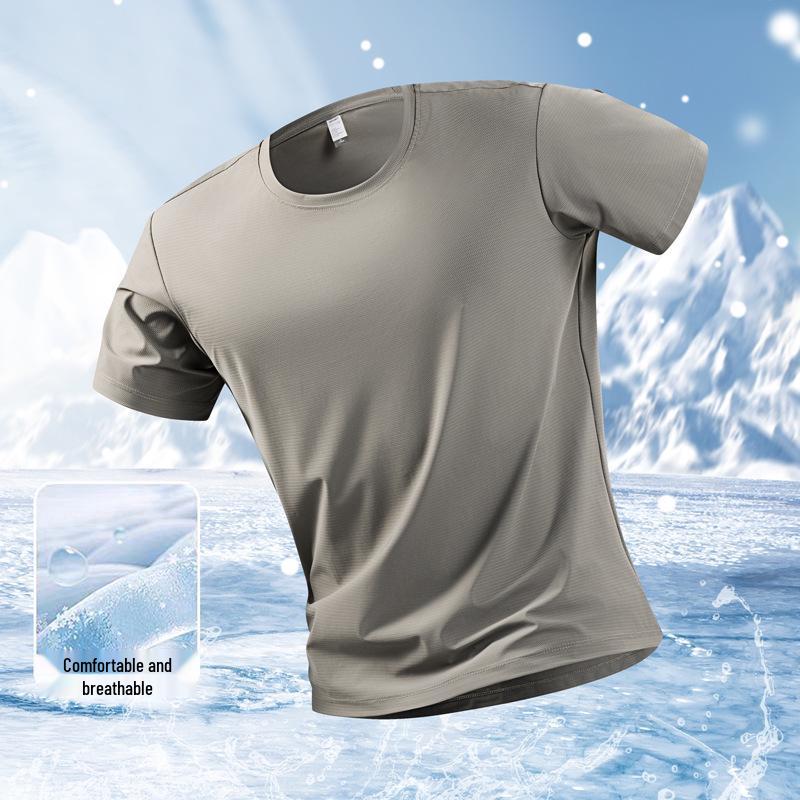 Herren Quick-Dry Sommer Eisseide T-Shirt - Elastisch, Rundhals, Kurzarm mit Logo-Print für Outdoor Fitness L