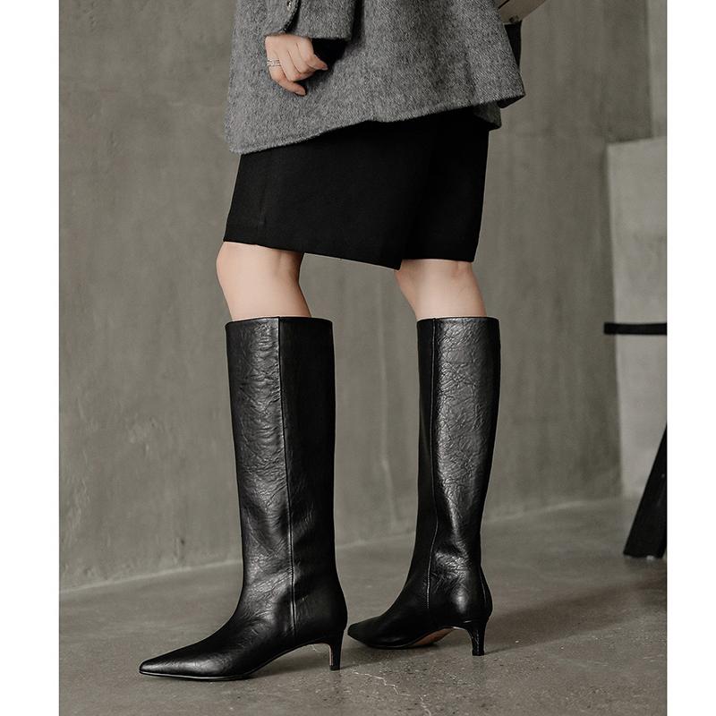 Fashion 2025 Autumn Women Boots Split Leather Women Shoes Pointed Toe Chunky Heel Slip-on Knee High Boots Western Modern Ladies Boots