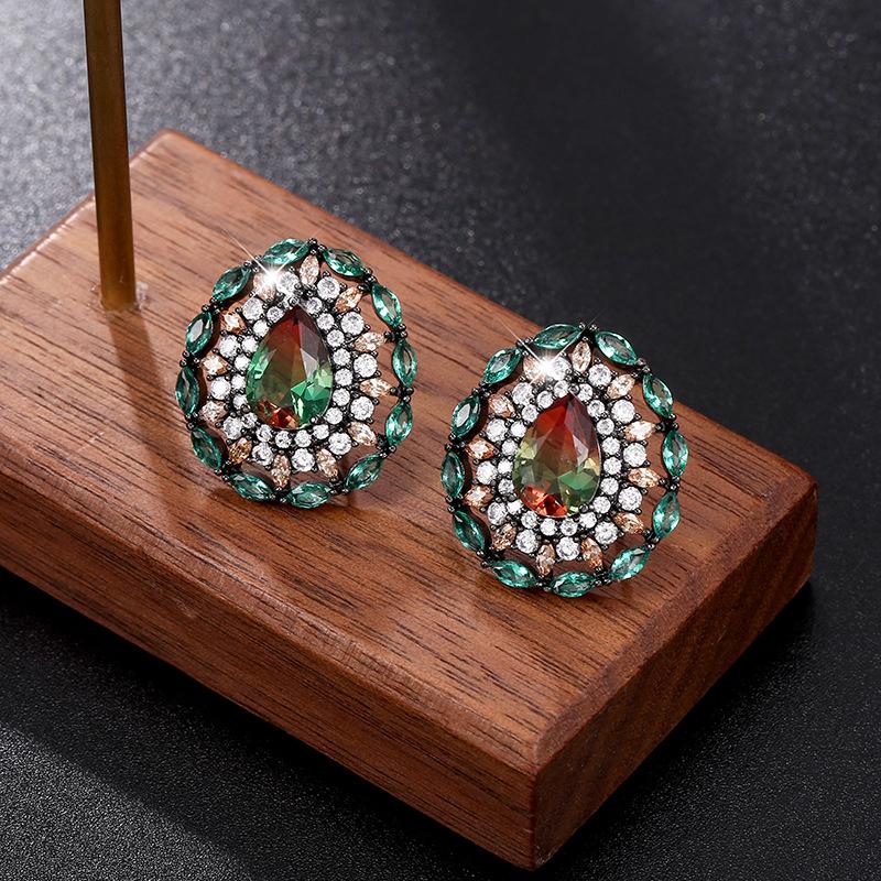 CMM Trendy Black Gold Color Setting Colourful Zirconia Big Stud Earrings