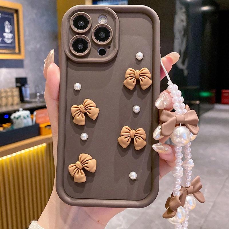 Koreaanse 3D Strik Parel Siliconen Telefoonhoesje Voor 16 17 Pro 15 14 13 12 11 Pro Max 16E 7 8 Plus Met Lanyard Zachte Cover For iPhone 16 Pro