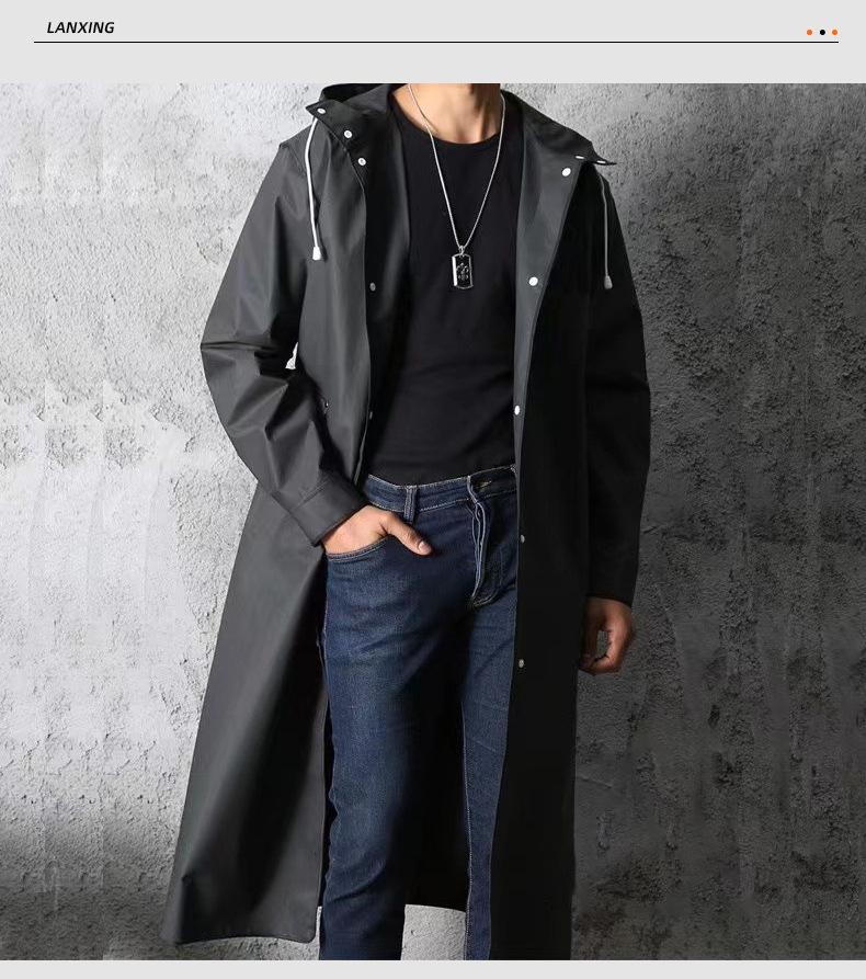 Black Adult Trench Coat-Style Windproof Hooded Rain Poncho, Extra Long & Thick, In Stock