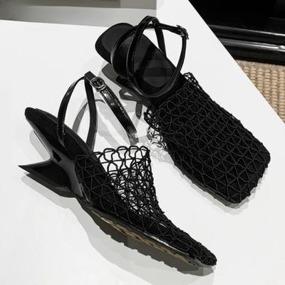 Geflochtenes Netz Damen Sandalen mit Absatz Gladiator Hohl High Heels Schuhe 2026 Sommer Quadratische Zehenpartie Slingback Trend Strandurlaub Schuhe