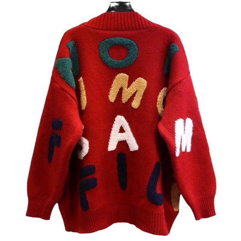 Autumn and Winter Loose Lazy Style Foreign Style Knitted Cardigan Contrasting Color Casual Towel Embroidered Letter Horn Button Sweater Jacket Women
