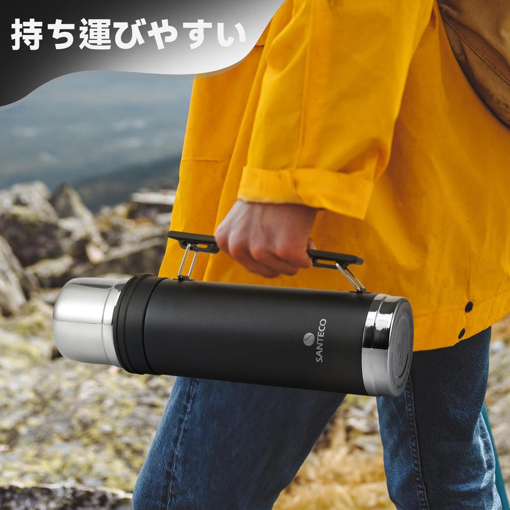 SANTECO Vacuum Insulated Water Bottle, 1 Liter, with Cup, Keeps Cold or Hot, Large Capacity, 316 Stainless Steel Thermos Bottle with Handle, Sports