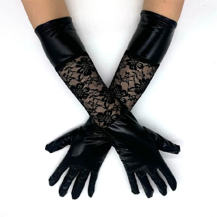 Damen Stretch Kunstleder Spitze Ellbogenlange Handschuhe Vollfingerhandschuhe Opernhandschuhe Partyhandschuhe Brauthandschuhe für Halloween